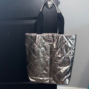Victoria Secret Metallic rose gold Quilted Tote Bag with Black Straps